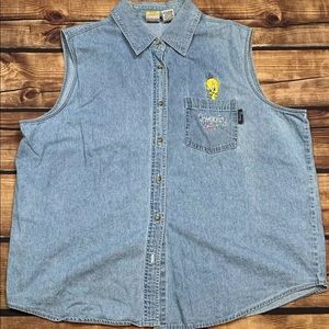 VTG Looney Tunes Tweety Bird Denim Sleeveless Button Up Shirt Women's 22/24W